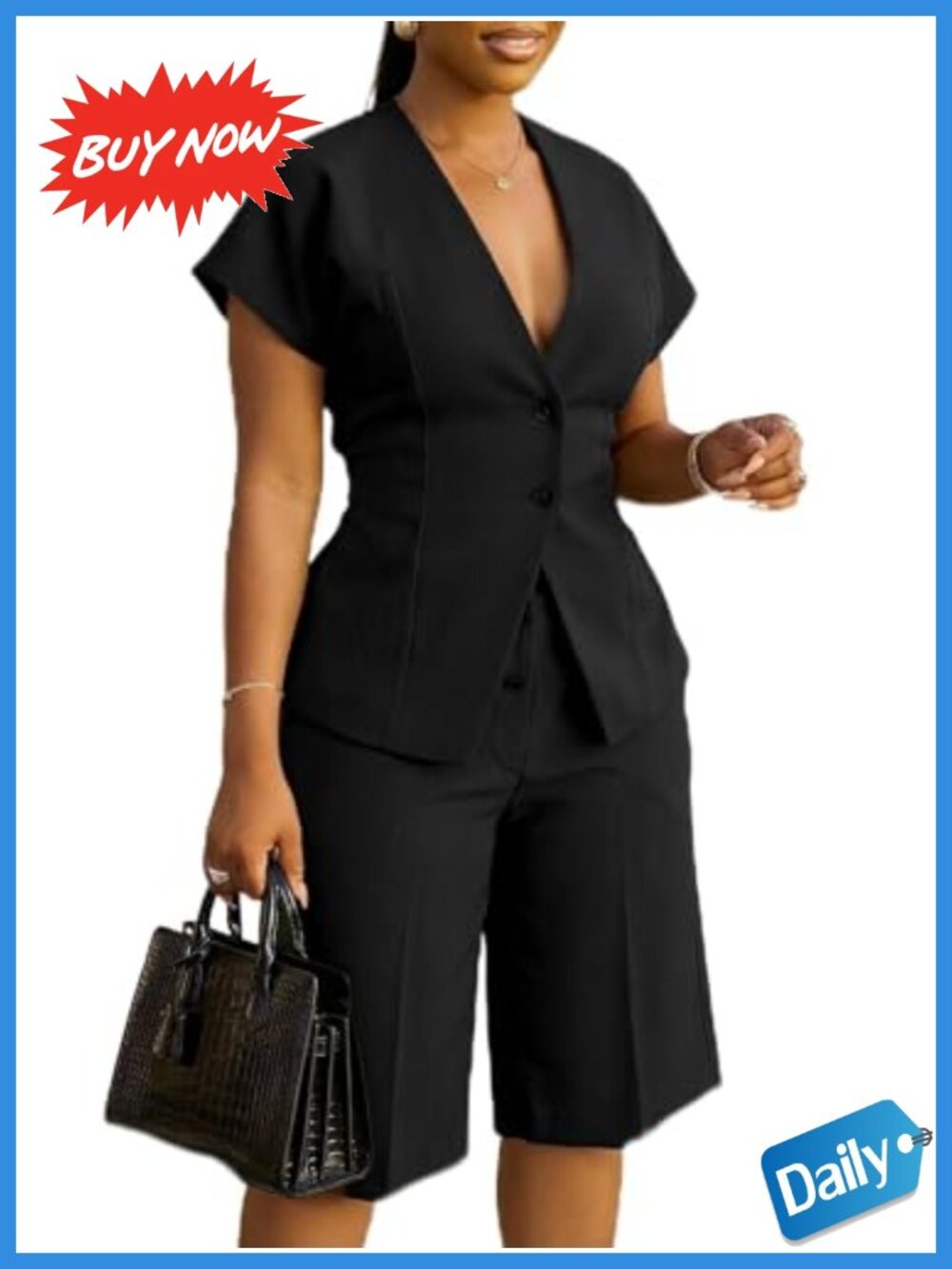 Women's 2 Piece Suit Set Cap Sleeve Blazer Midi Pants Business Casual